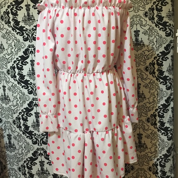 white dress pink polka dots